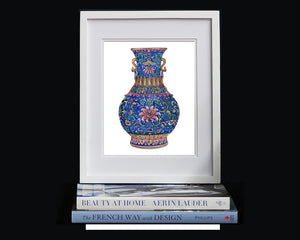 Print of intricately patterned and rare Yangcai blue ground 'lotus' vase
