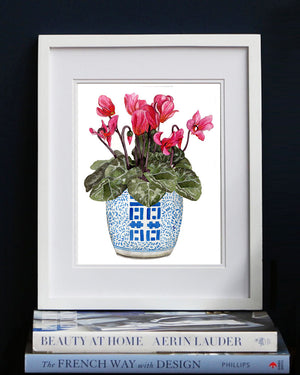 Print of cyclamens in double happiness jar