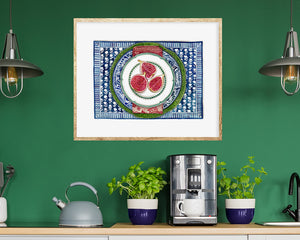 Original Watercolour Painting of figs sitting in a green cabbage plate with ornate blue and white plate