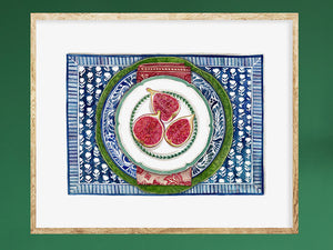 Original Watercolour Painting of figs sitting in a green cabbage plate with ornate blue and white plate