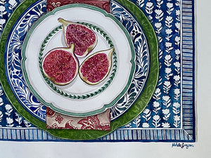 Original Watercolour Painting of figs sitting in a green cabbage plate with ornate blue and white plate