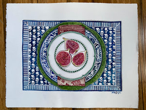 Original Watercolour Painting of figs sitting in a green cabbage plate with ornate blue and white plate