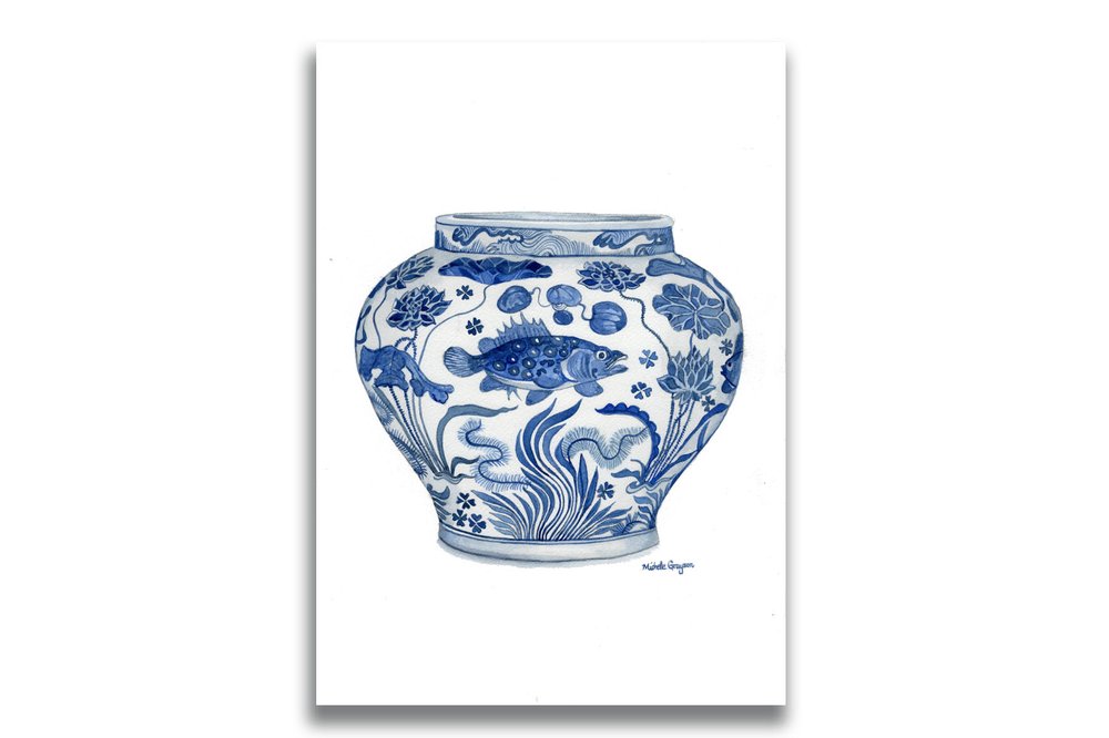 Original Watercolour Painting Blue and White Porcelain 'Fish' Jar Yuan ...