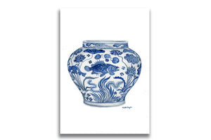 Original Watercolour Painting Blue and White Porcelain 'Fish' Jar Yuan Dynasty, Mid 14th Century