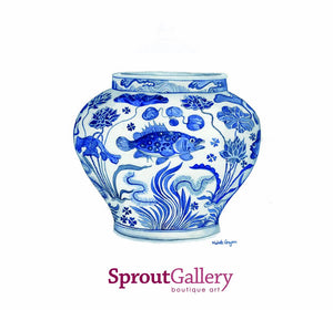 Original Watercolour Painting Blue and White Porcelain 'Fish' Jar Yuan Dynasty, Mid 14th Century