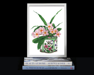 Print of pink frangipanis antique green and pink caddy