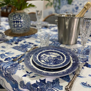 Blue and white Willow pattern tablecloth