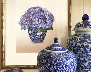 Original Watercolour Painting Blue and White vase with gorgeous hydrangeas