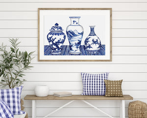 Original Watercolour Painting of Blue and White ornate vases & Mings