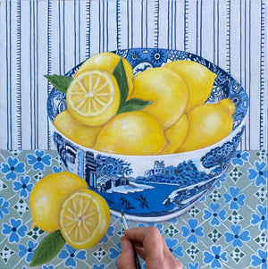 Lemons in Spode blue Italian original oil painting by Phoebe Williams