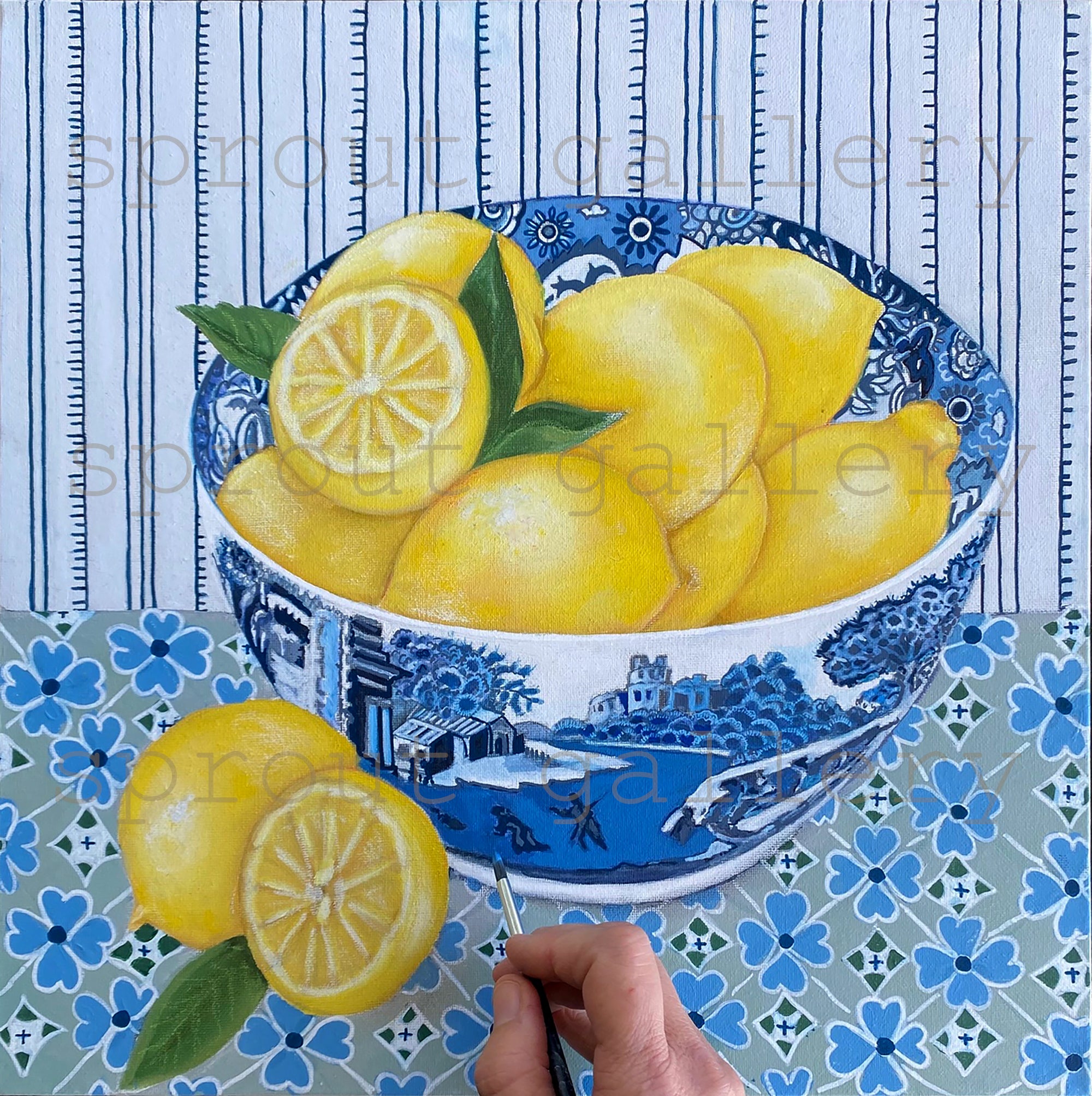 Lemons in Spode blue Italian original oil painting by Phoebe Williams