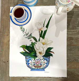 Original Watercolour Painting of orchids in a light blue antique bowl