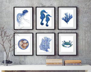 Print of seahorses in blue accents