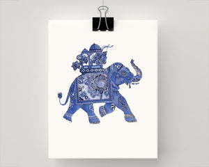 Print of blue and white good luck elephant