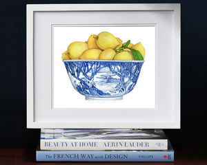 Print of new lemons in a blue and white chinoiserie bowl