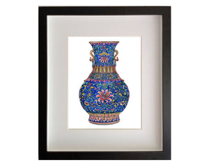 Print of intricately patterned and rare Yangcai blue ground 'lotus' vase