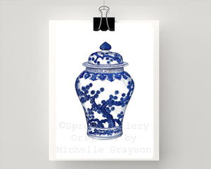 Print of Blue and white swallow tail ginger jar