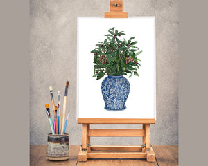 Original Watercolour Painting of Delft blue and white antique vase with olive leaf arrangement