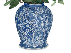 Original Watercolour Painting of Delft blue and white antique vase with olive leaf arrangement