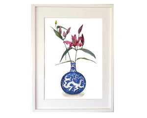 Print of deep pink / red lily in a blue and white dragon vase