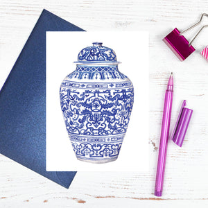 A blue and white ornate chinoiserie ginger jar greeting card