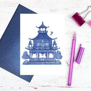 Blue and white pagoda card