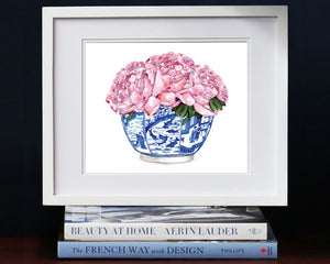 Pale pink peonies 3 in a blue and white bowl