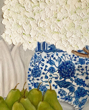 Original Oil painting. Still life pears with hydrangeas in blue and white vase