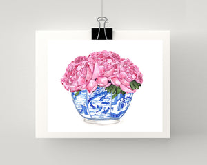 Pale pink peonies 3 in a blue and white bowl