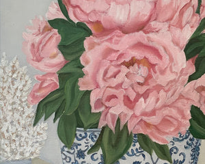 Original Oil painting. Bouquet of  pink peonies in blue and white vase.