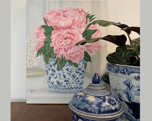 Original Oil painting. Bouquet of  pink peonies in blue and white vase.
