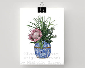 Print of a protea with wattle in a blue and white vase.