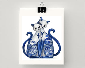 Print of Blue and white Spode Willow cats
