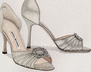 Original Watercolour Painting of Manolo Blahnik - Silver D'Orsay shoes "Sex and The City
