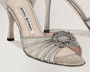 Original Watercolour Painting of Manolo Blahnik - Silver D'Orsay shoes "Sex and The City