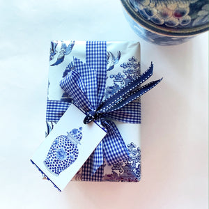 Blue and white ming jar gift tag with ribbon