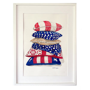 Print of stacked Red, White and Blue Cushions