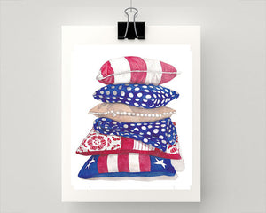 Print of stacked Red, White and Blue Cushions