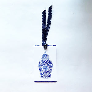 Blue and white ming jar gift tag with ribbon