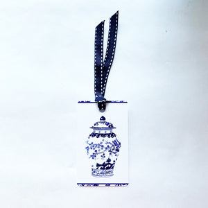 Blue and white cherry ginger jar gift tag with ribbon