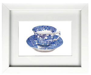 Print of blue and white china teacup and saucer watercolour print