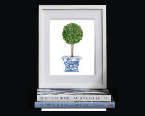 Print of topiary tree in blue and white pot