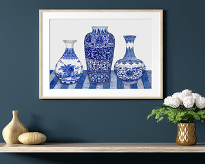 Original Watercolour Painting of Blue and White ornate vases & Mings